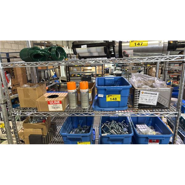 SHELF OF BARRICADE TAPE, BRIGHT GALVANIZING SPRAY, BOX OF BEAM CLAMPS,BOX OF HEX FLANGE BOLTS & MORE