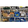 Image 1 : SHELF OF BARRICADE TAPE, BRIGHT GALVANIZING SPRAY, BOX OF BEAM CLAMPS,BOX OF HEX FLANGE BOLTS & MORE