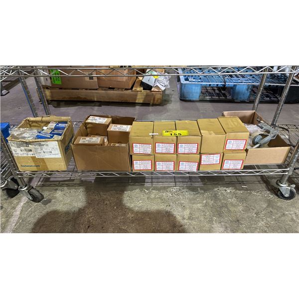SHELF OF ASSORTED NUTS, BOLTS, PNEUMATIC CAULKING GUN PARTS & MORE