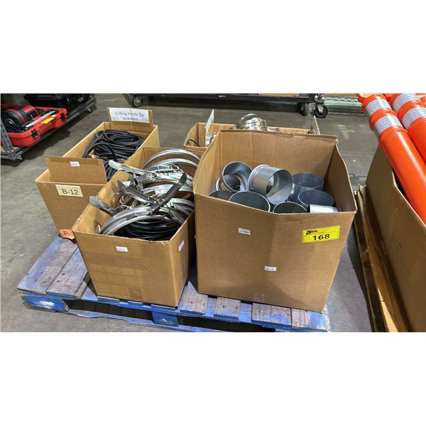 PALLET OF NF O-RINGS, BAND CLAMPS, NORDFAB 12" SS304 CLAMPS & NORDFAB EXPANDED MACHINE ADAPTERS