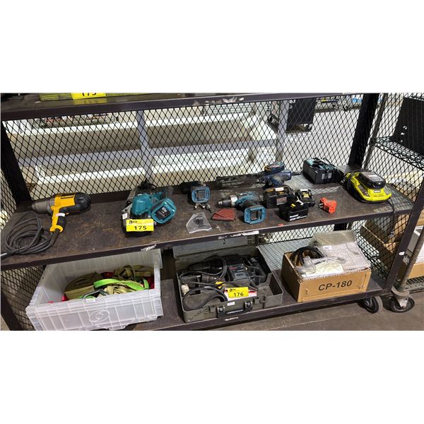 SHELF OF ASSORTED TOOLS: DEWALT DRILL, MAKITA PORTABLE BAND SAW, RYOBI CORDLESS CAULKING GUN & MORE
