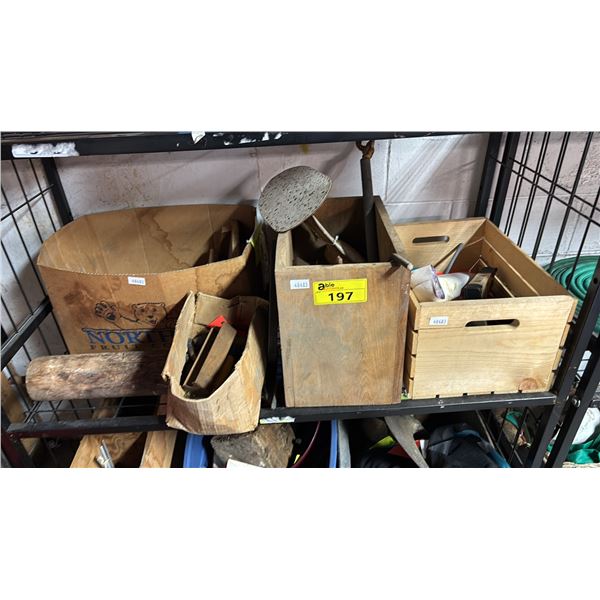 SHELF OF ASSTD. VINTAGE ITEM: CIRCULAR BLADES, TOOLS PIECES, LARGE ROLLING PIN & MORE
