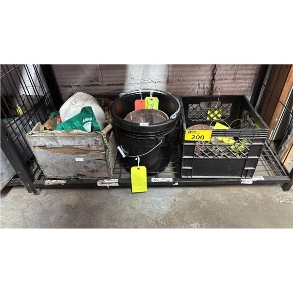 SHELF OF VINTAGE BUCKETS, METAL WIRE, HARD HATS & MORE