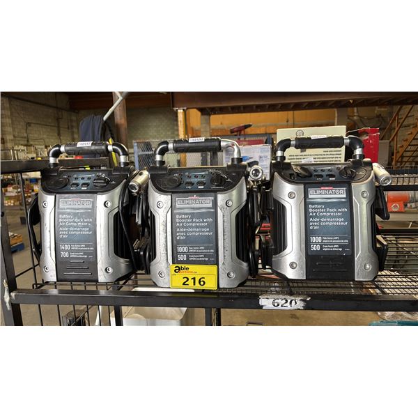 (3) ELIMINATOR BATTERY BOOSTER PACKS WITH AIR COMPRESSORS