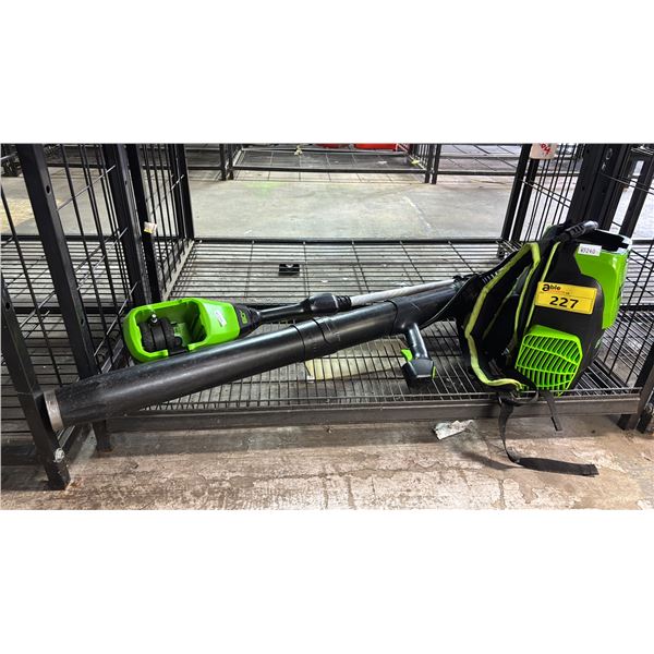 GREENWORKS PRO CORDLESS PACKBACK BLOWER & GREENWORKS PRO CORDLESS WEED EATER *NO BATTERIES/NO