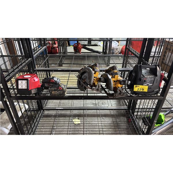 SCHUMACKER BATTERY CHARGER, (2) DEWALT CIRCULAR SAWS, MILWAUKEE COMPACT SITE LIGHT (NO UPPER LENS &