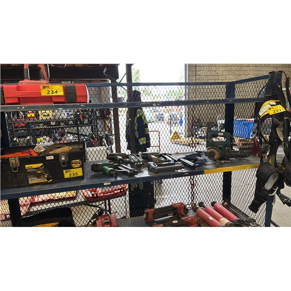 TOOLBOX & CONTENTS, ASSTD. PNEUMATIC STAPLE GUNS, CORDED RYOBI GRINDER & CORDED MAKITA JIGSAW