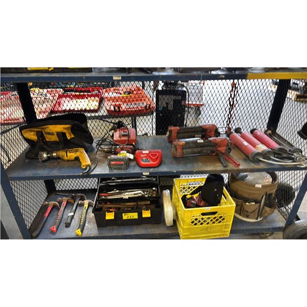 DEWALT TOOL BAG, DEWALT DRILL, MILWAUKE CORDLESS DRILL W/BATTERY & CHARGER, HILTI CAULKING GUNS &