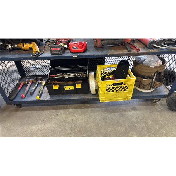 TOOLBOX & ASSTD. HAND TOOLS, HAMMERS, WOVEN FIBERGLASS DROP WARP TAPE, TOTE OF CAULKING GUN PARTS &