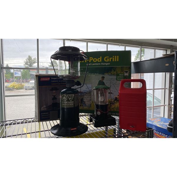 2 COLEMAN PROPANE CAMPING LANTERNS AND COGHLANS TRI-POD GRILL AND LANTERN HANGER