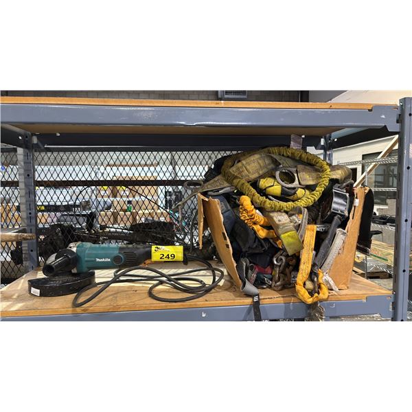 MAKITA 7" ANGLE GRINDER & BOX OF ASSORTED SAFETY HARNESSES & SAFETY STRAPS