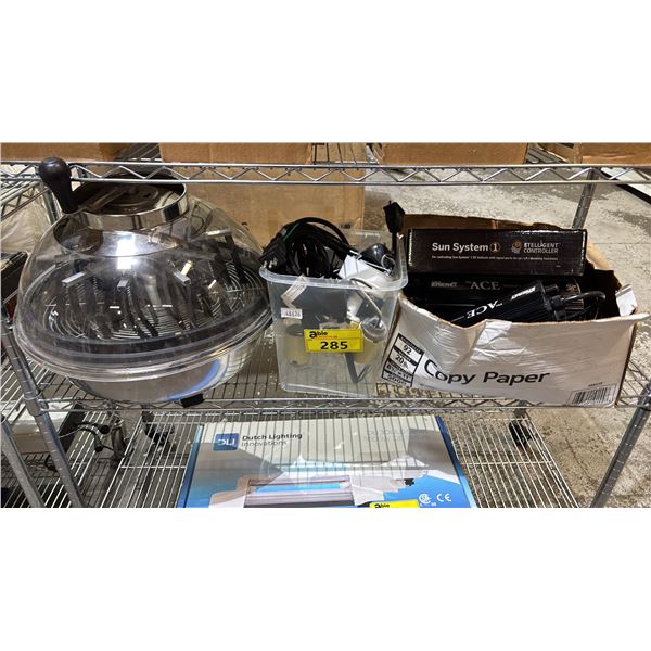 SHELF OF HID DIGITAL BALLASTS, MANUAL BUD LEAF TRIMMER, SUN SYSTEM ETELLIGENT CONTROLLER & MORE