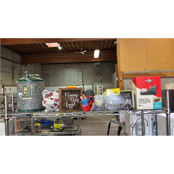 SHELF OF VINTAGE GALVANIZED METAL FUEL CAN, PORCELAIN PIGGY BANK, 5PCS TRAVEL FITNESS SET & MORE