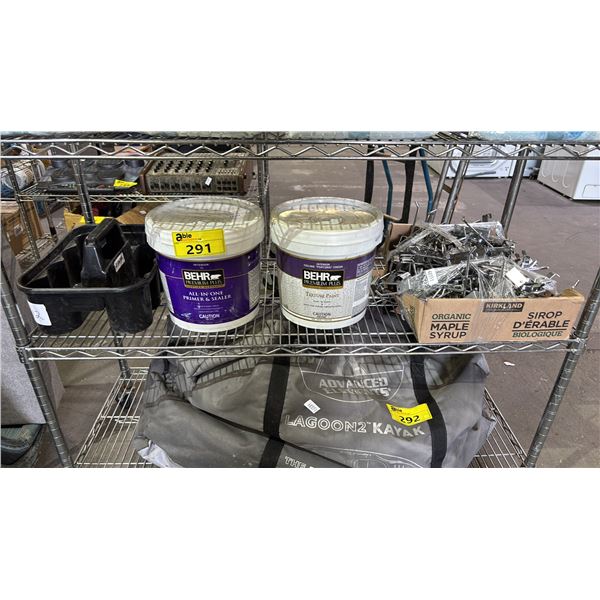 7.46L BEHR ALL-IN-ONE PRIMER & SEALER, 7.46L BEHR "POPCORN" CEILING PAINT, BOX OF SLATWALL HOOKS &
