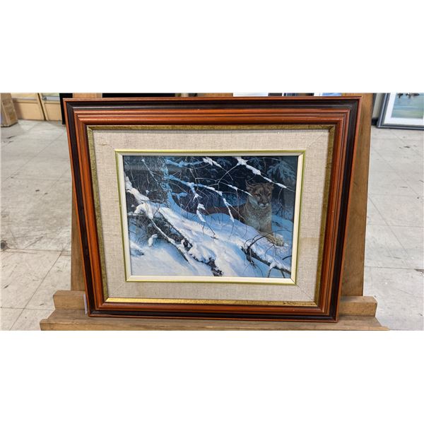 ROBERT BATEMAN " COUGAR IN THE SNOW" PRINT - APPROX. 14" X 16 1/2" FRAMED
