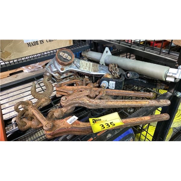 LOT OF ASSORTED 1.5 TON LEVER CHAIN HOIST ,LEVER CHAIN BINDERS AND TAILER BALL HITCH