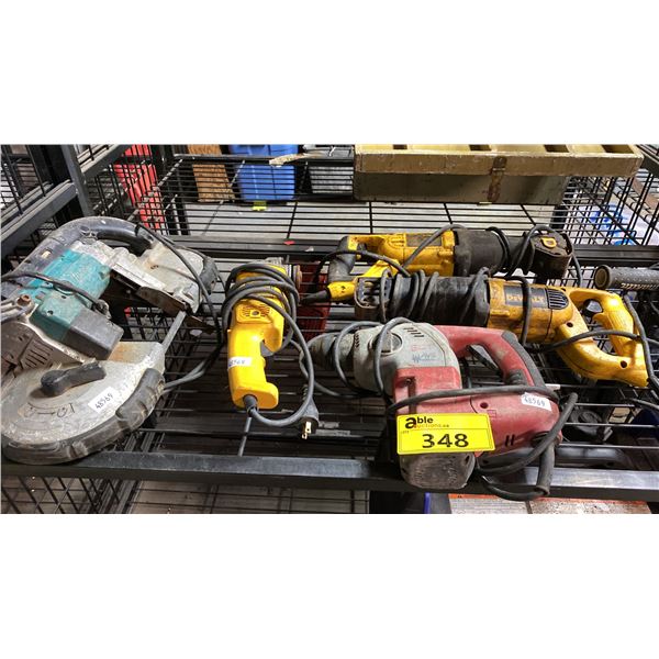 ASSORTED POWER TOOLS INCLUDING PORTER-CABLE RECIPROCATING SAW , DEWALT GRINDER, MAKITA DRILL AND