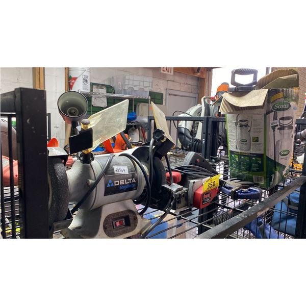 SHELF OF ASSORTED ITEMS INCLUDING DELTA SHOPMASTER BENCH GRINDER, FREUD PORTABLE PLANER, HYPER