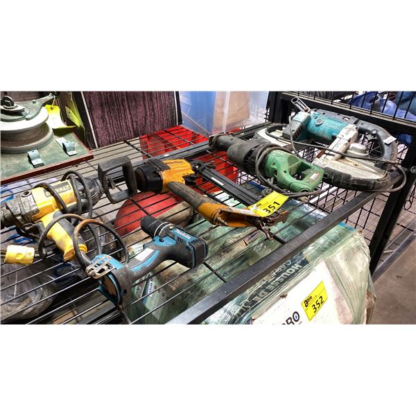 ASSORTED POWER TOOLS INCLUDING DEWALT DRILL, BOSTITCH NAILER, MAKITA SAW AND MORE
