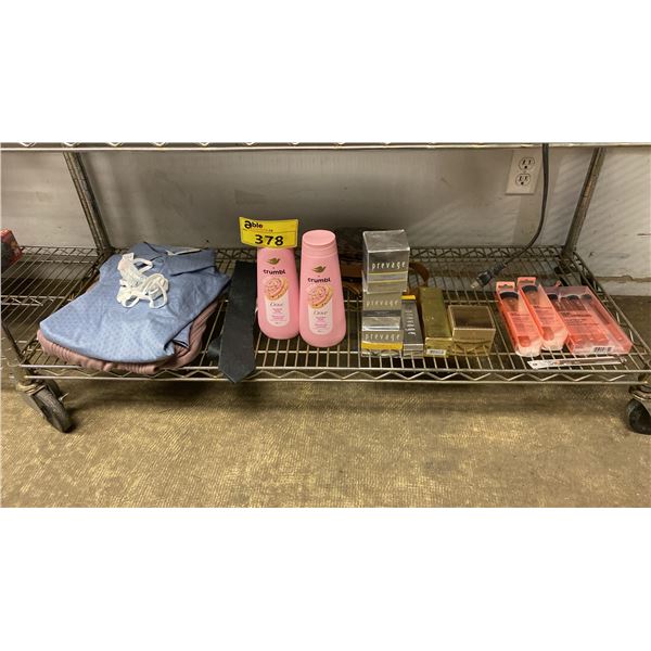 SHELF OF ASSTD. CLOTHING, SKINCARE, MAKEUP BRUSHES & MORE