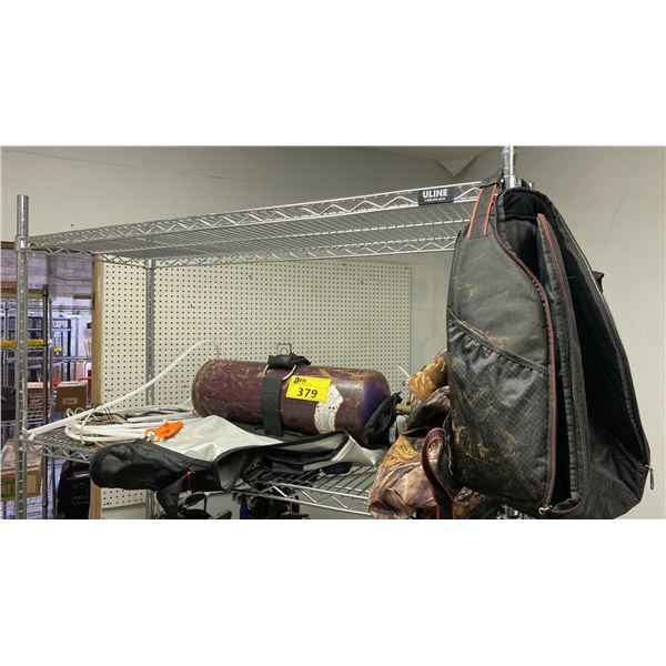 SHELF OF ASSTD. DIVING EQUIPMENT: DIVING VEST, OXYGEN TANK, HOSES & MORE