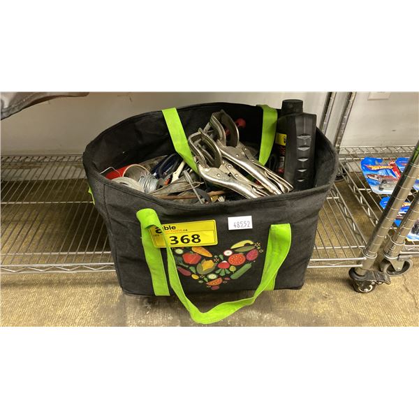 CLOTH BAG OF WELDING CLAMPS, TAPE, WIRE, SCREWDRIVERS & MORE
