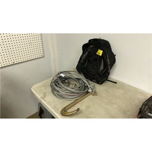 BACK PACK & GALVANIZED STEEL WINCH CABLE WITH LARGE, HEAVY-DUTY HOOK