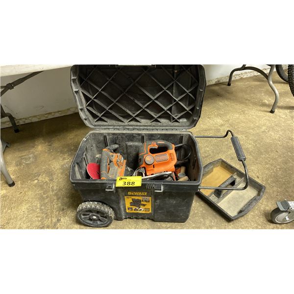 DEWALT ROLLING TOOL BOX & ASSORTED TOOLS: B&D JIGSAW, RIDGID BELT SANDER & MORE