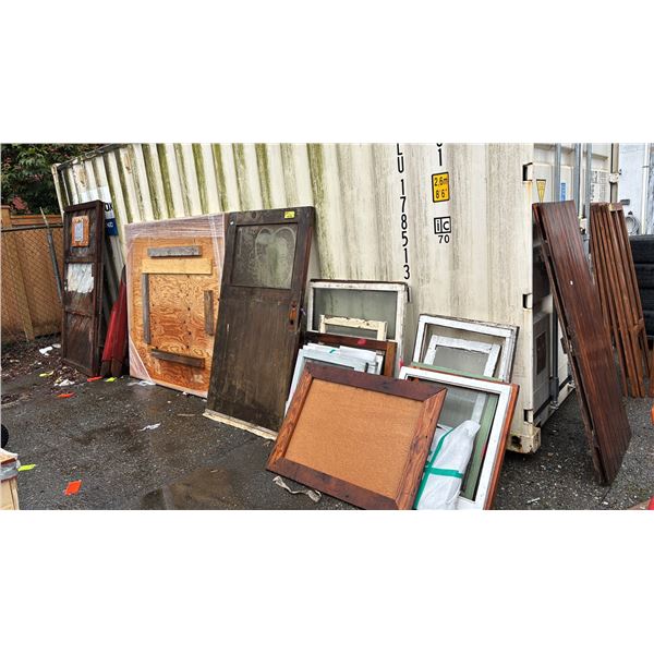 ASSORTED WOODEN DOORS , WINDOW FRAMES AND MORE