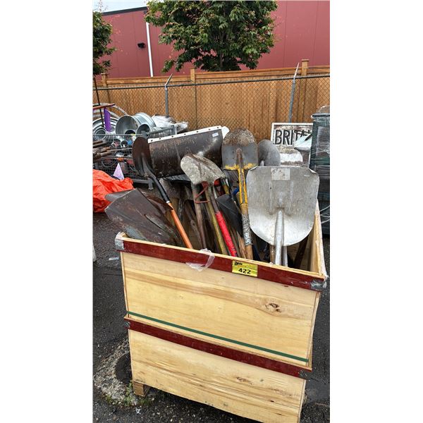 WOODEN BIN OF ASSORTED SHOVELS