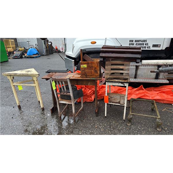ASSORTED ITEMS INCLUDING WOODEN TABLES, CHAIR, BOX AND MORE