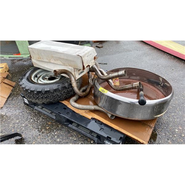 PALLET OF ASSORTED ITEMS INCLUDING EXHAUST PIPES, MUFFLERS AND MORE