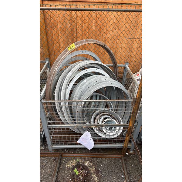 ASSORTED GALVANIZED STEEL CULVERT PIPE SECTIONS IN METAL WIRED BIN