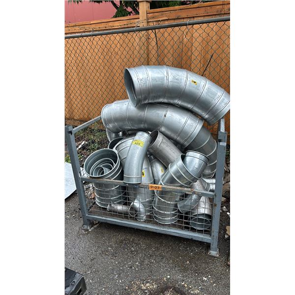 ASSORTED GALVANIZED STEEL ELBOW CONNECTORS IN A METAL WIRED BIN