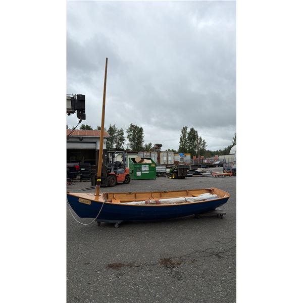 APPROX. 14'5" BLUE WOOD DINGHY WITH SAIL, OARS & RUDDER: NAMED "DAISY"