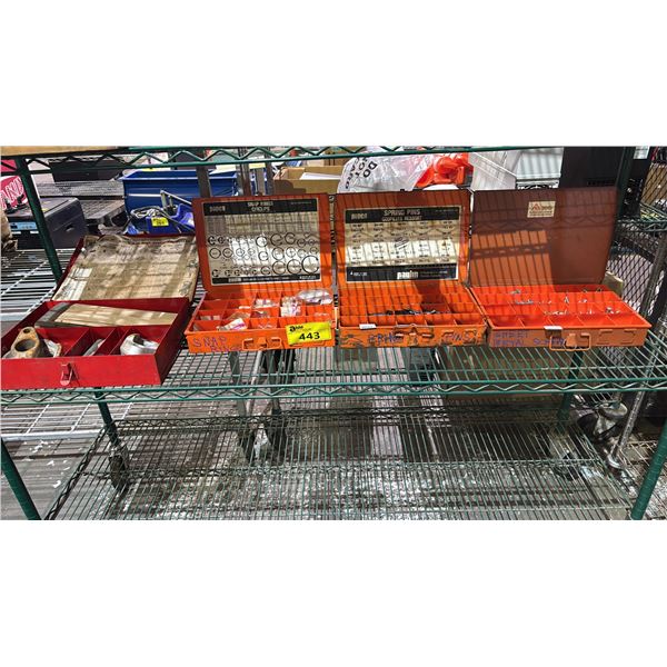 SHELF OF PIGEONHOLE STORAGE CONTAINERS OF ASSORTED SCREWS, SPRING PINS, SNAP RINGS & MORE