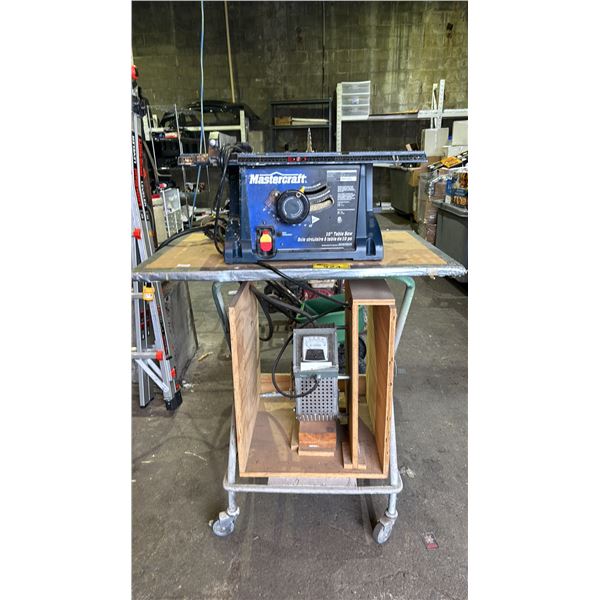 MASTERCRAFT 10'' TABLE SAW AND AC AMPERES PANEL METER ON ROLLING TABLE