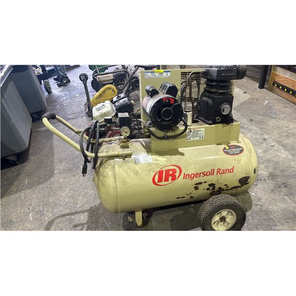 INGERSOLL RAND PORTABLE HORIZONTAL AIR COMPRESSOR (ONE WHEEL DAMAGED)