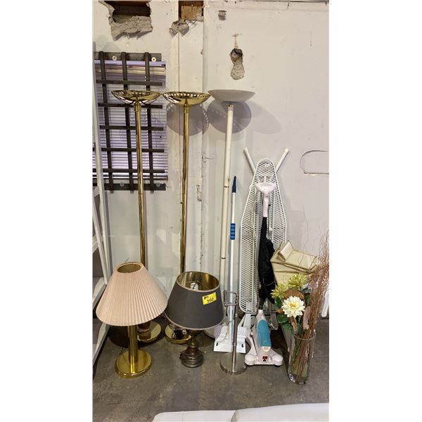 (3) FLOOR LAMPS (2) DESK LAMPS, IRONING BOARD, FAN, VASE OF FAUX FLOWER, TOBI FABRIC STEAMER & MORE