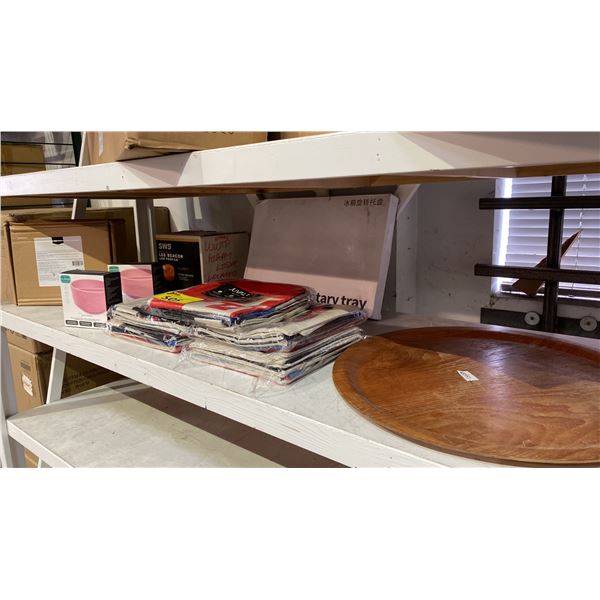 SHELF OF CUSHION COVERS, FRIDGE ROTARY TRAY, KING SIZE SHEET SET, LOW PROFILE LED BEACON & MORE
