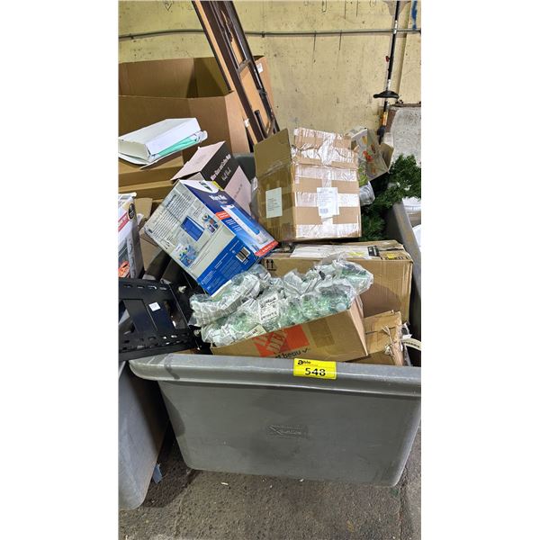 BIN LOT OF ASSORTED ITEMS INCLUDING CHRISTMAS TREE, PICK & SHINE FLOOR & CARPET SWEEPER AND MORE