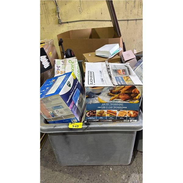 BIN OF ASSORTED ITEMS INCLUDING BLACK DECKER TOASTER OVEN, VICKS COOL MIST HUMIDIFIER, E-SCOOTER AND
