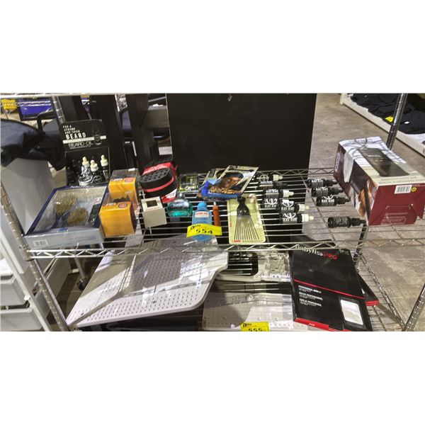 SHELF OF ASSORTED GROOMING ITEMS INCLUDING BEARD OIL, SYNERGY AFTER SHAVE, BRUSH SET AND MORE