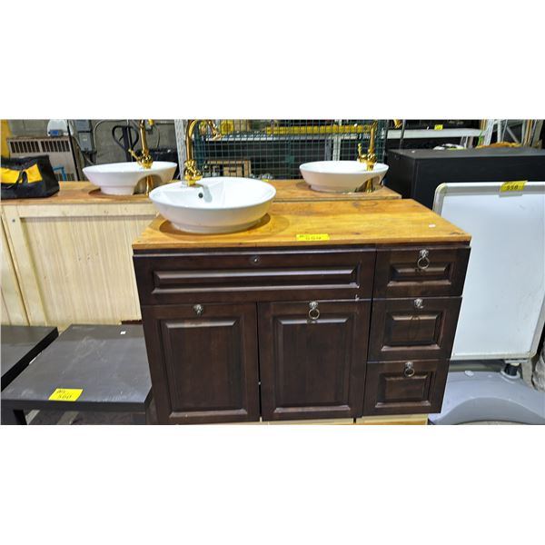 BROWN WOODEN VANITY DRAWER CABINET WITH ATTACHED HEAVY DUTY 9-OUTLET POWER STRIP