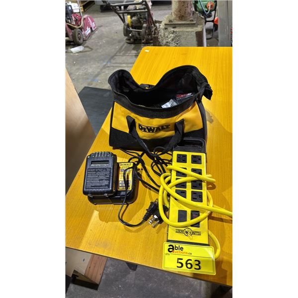 DEWALT BATTERY CHARGER WITH TOOL STORAGE BAG AND YELLOW JACKET 8 OUTLET POWER BOARD