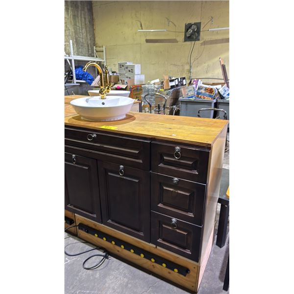 BROWN WOODEN VANITY DRAWER CABINET WITH ATTACHED HEAVY DUTY 9-OUTLET POWER STRIP