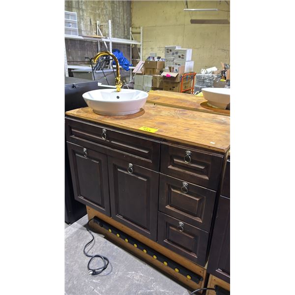 BROWN WOODEN VANITY DRAWER CABINET WITH ATTACHED HEAVY DUTY 9-OUTLET POWER STRIP