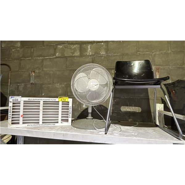 ASSORTED ITEMS INCLUDED SELF-SUPPORTED PLEATED FILTER, PORTABLE FAN, CHAIR