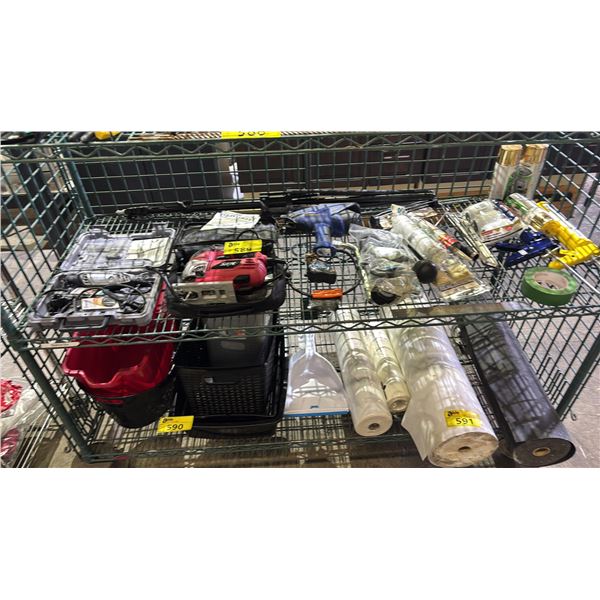 SHELF OF ASSORTED POWER TOOLS AND HAND TOOLS INCLUDING CRAFSTMEN 13 AMP SAW