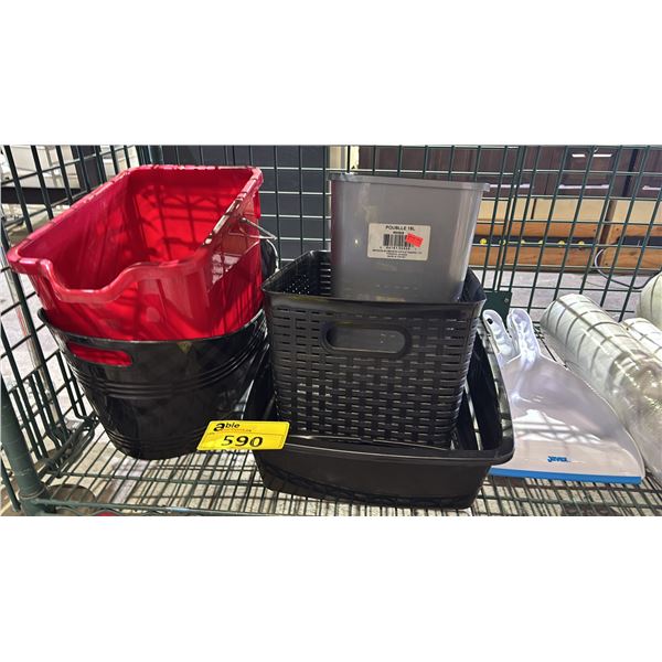 SHELF OF ASSORTED ITEMS INCLUDING BUCKETS